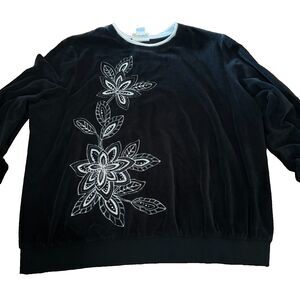 Alfred Dunner Velour Shirt Long Sleeve Floral Pullover Top Size 2X Black White